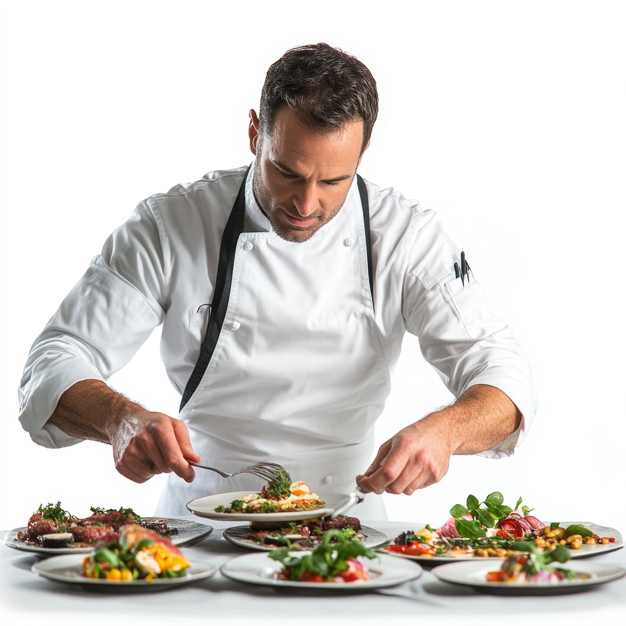 Chef che prepara un piatto gourmet in studio cucina